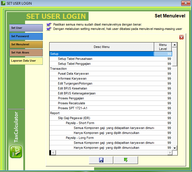 Menu Level In Software SET MENU LEVEL - SoftwarePajak.Net (TaxCalc) - Software Perhitungan ...